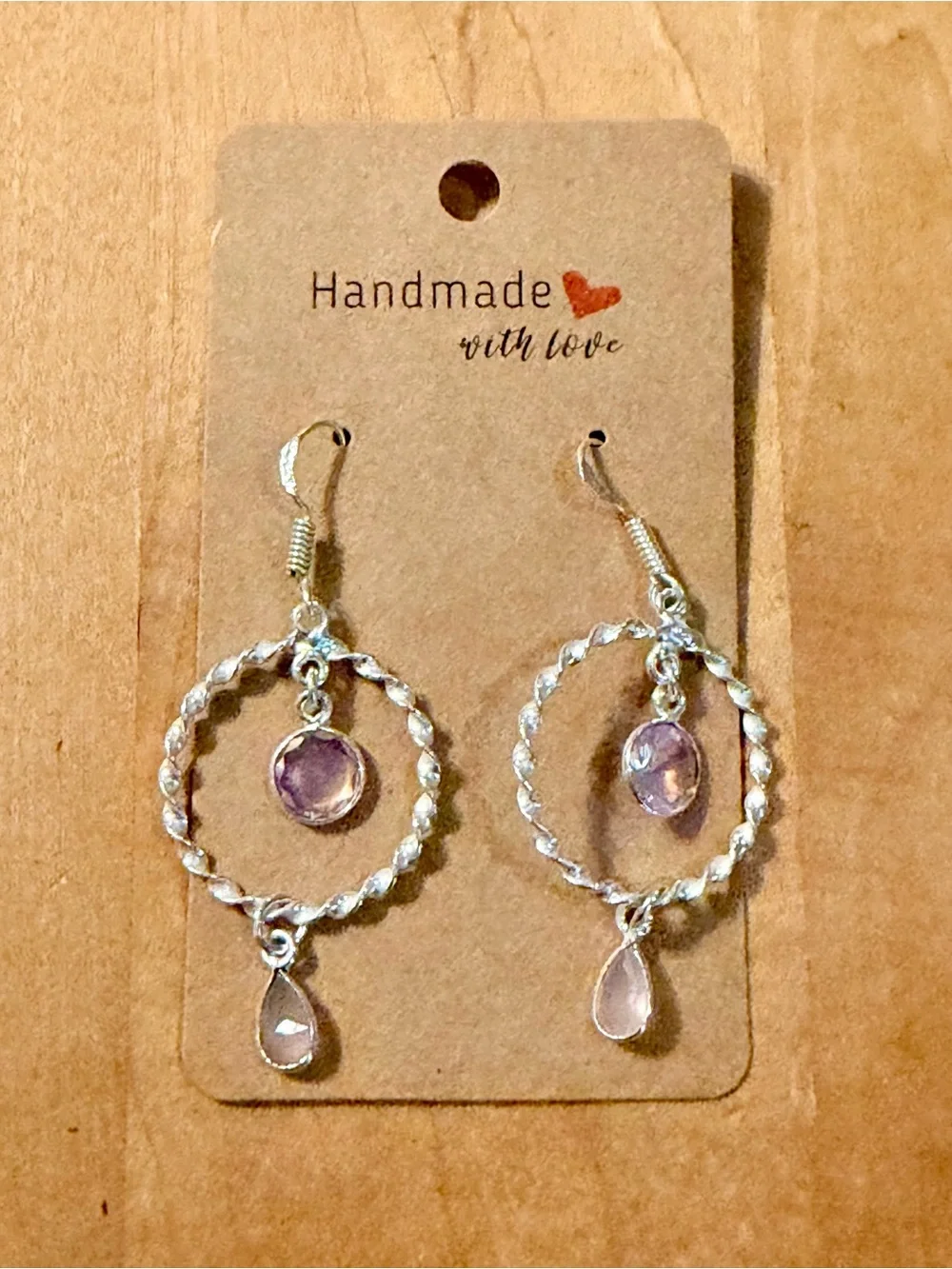 Silver Hoop Drop Earrings w/Light Pink Chalcedony - 925 Plated/Stamped